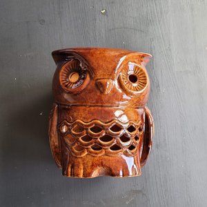 Brown Glazed Owl Planter Candle Holder Fairy Light Lantern
